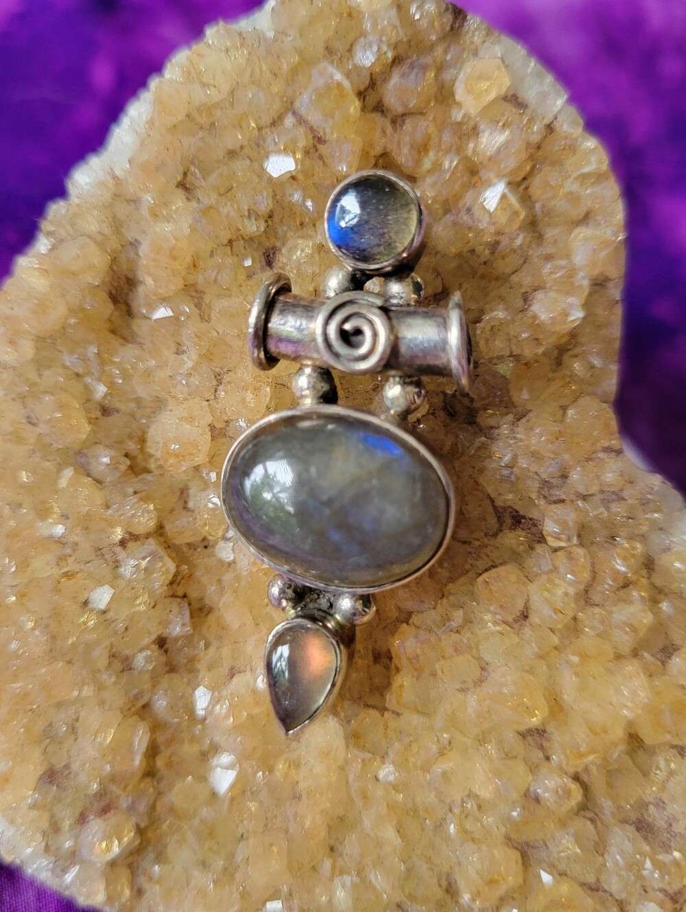Vintage Sterling Drop Pendant With Natural Stones.